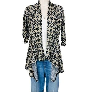 LDLA Tan Black Tribal Print Waterfall Open Front Knit Jacket 3/4 Ruched Sleeves